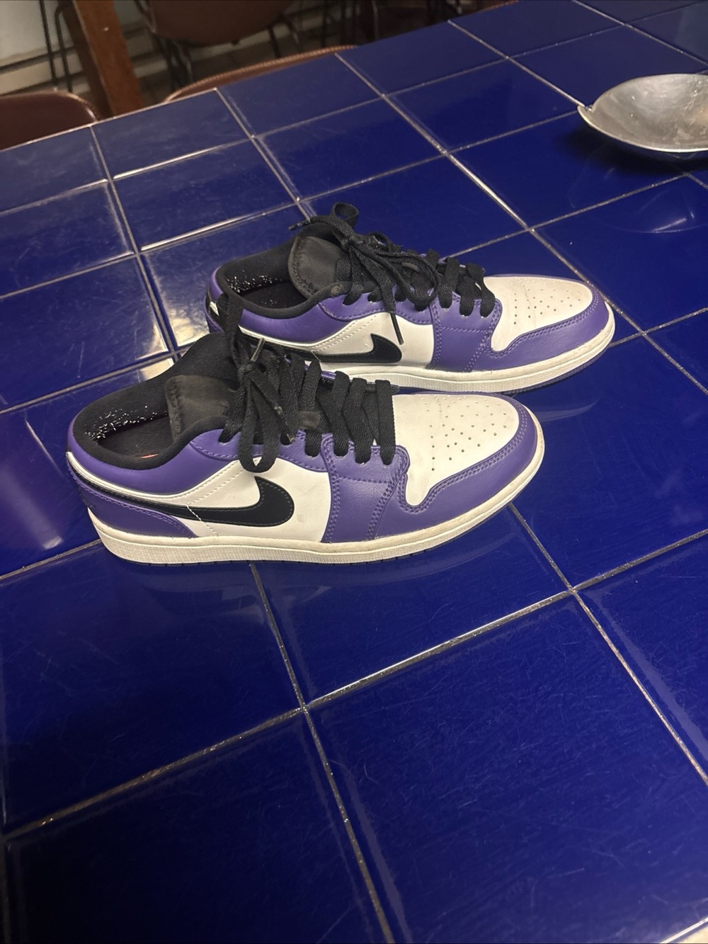 Jordan Air Jordan 1 Men’s Low-Top Sneakers in White, Purple & Black Retro